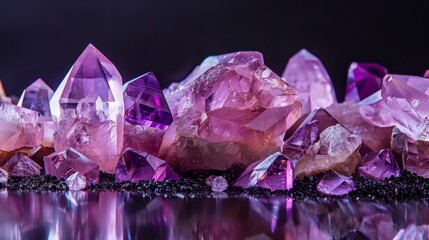 Luxurious display of pink quartz and amethyst stones with a sharp focus on sparkling facets, set against a pure black background