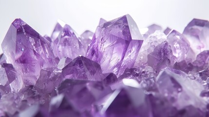 Fototapeta premium Lush violet amethyst crystals on a stark white background, macro shot of shimmering facets, minimalistic style, ideal for gem enthusiasts