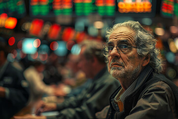 A visibly astonished man reacts to the real-time stock market fluctuations displayed across multiple trading monitors. - obrazy, fototapety, plakaty