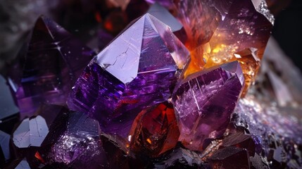 High-definition macro of amethyst and garnet crystals, interplay of light and shadow, showcasing natural facets, isolated backdrop