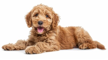 Adorable red abricot Labradoodle dog puppy, laying down side ways, looking towards camera with shiny dark eyes. Isolated on white background. Mouth open showing pink tongue