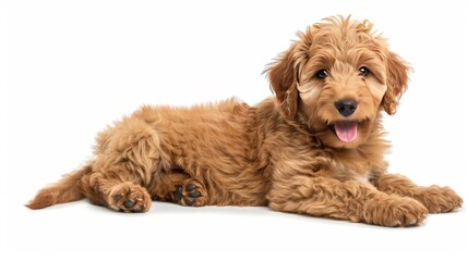 Adorable red abricot Labradoodle dog puppy, laying down side ways, looking towards camera with shiny dark eyes. Isolated on white background. Mouth open showing pink tongue