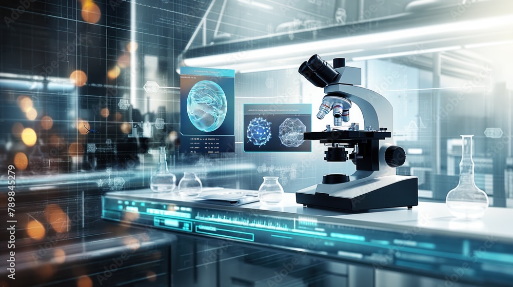 Poster high-tech laboratory with modern microscope and digital data