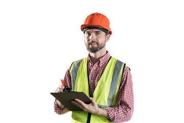 Male worker holding clipboard during working on transparent background. Male engineer working on...