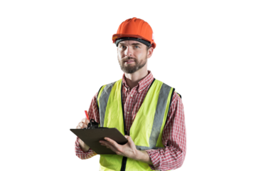 Male worker holding clipboard during working on transparent background. Male engineer working on transparent background