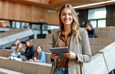 female student standing confidently with a tablet in a spacious university lecture hall.