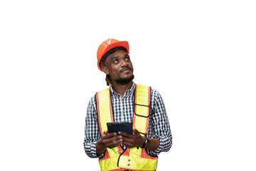 African American male worker using digital tablet during working on transparent background. Mmale...