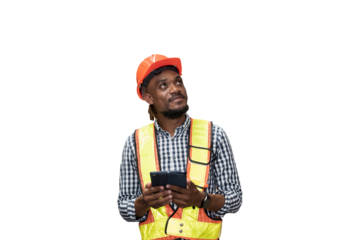 African American male worker using digital tablet during working on transparent background. Mmale engineer working on transparent background