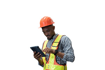 African American male worker using digital tablet during working on transparent background. Mmale...