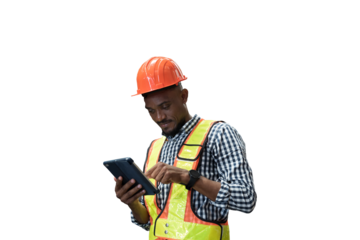 African American male worker using digital tablet during working on transparent background. Mmale engineer working on transparent background