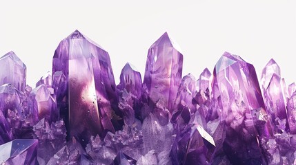 Detailed macro of amethyst crystals against a stark white background, showcasing vibrant purple hues and natural facets