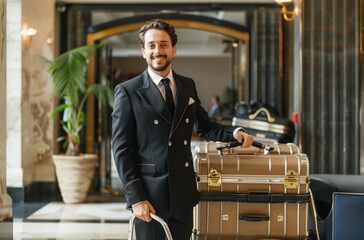 Smiling hotel bellboy in uniform ready to assist with luggage at a luxury hotel entrance.