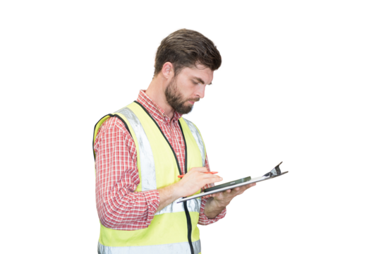 Male worker holding clipboard during working on transparent background. Male engineer working on transparent background