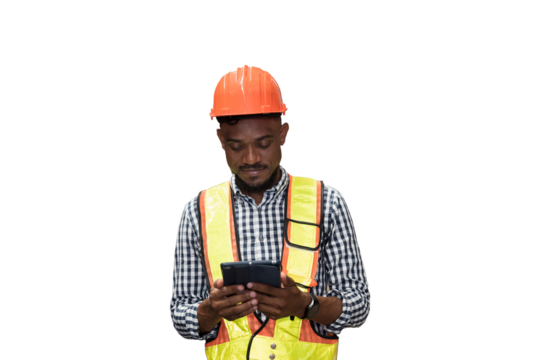 African American male worker using digital tablet during working on transparent background. Mmale engineer working on transparent background