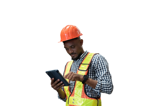 African American male worker using digital tablet during working on transparent background. Mmale engineer working on transparent background - Powered by Adobe