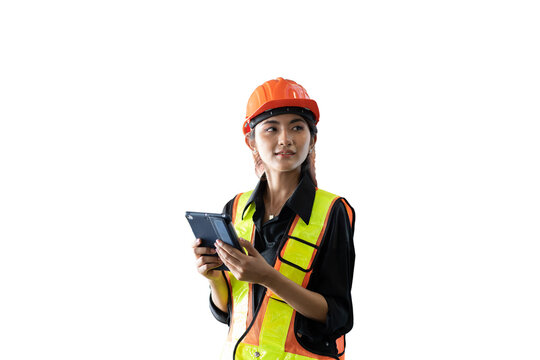 Asian female worker holding clipboard during working on transparent background. Asian female engineer working on transparent background