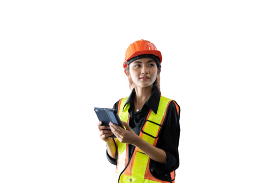 Asian female worker holding clipboard during working on transparent background. Asian female engineer working on transparent background