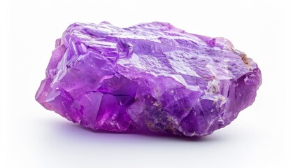 Close focus on a vibrant violet amethyst stone, emphasizing natural textures and color variations, on a minimalistic white background