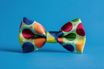 A vibrant polka-dotted bow tie on a blue background encapsulates a whimsical, clown-inspired style.