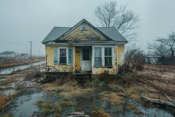 A dilapidated house with peeling paint and a forsaken couch set against a bleak, overgrown landscape.