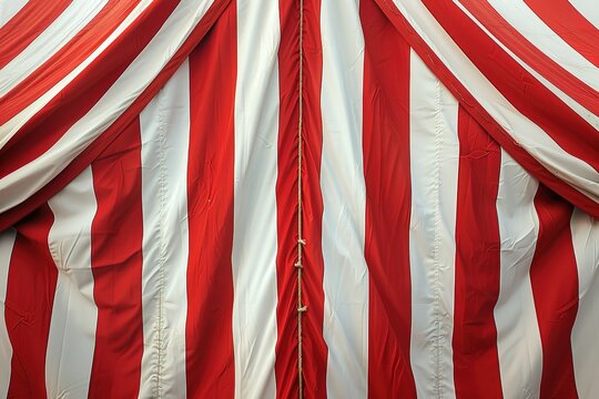 Red and white striped circus tent curtains evoke a festive mood.