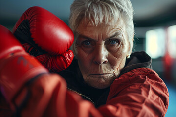 Aged female demonstrating power and endurance as a boxer, challenging norms with her determination and energy during her training session