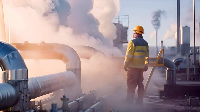 an engineer inspecting a geothermal power plant, with steam and pipes surrounding them