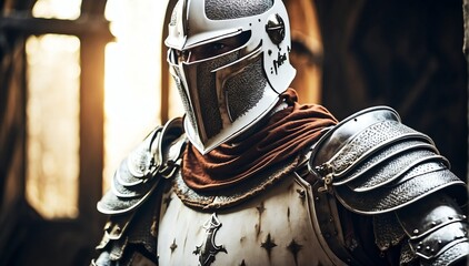 a white theme knight warrior on medieval era with glowing armor from Generative AI - obrazy, fototapety, plakaty