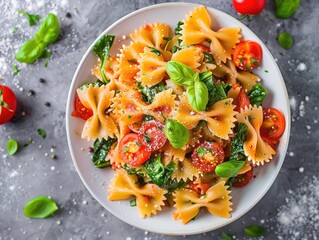 aw farfalle pasta made from tomatoes, spinach, and whole grain flour! It's a colorful and wholesome twist on traditional pasta, packed with nutrients and flavor.  - obrazy, fototapety, plakaty
