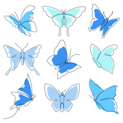Flying butterfly png sticker, baby blue line art clipart collection