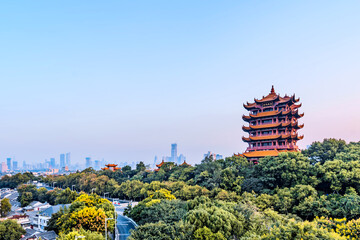 High View Dusk Scenery of Huanghe Tower in Wuhan, Hubei, China