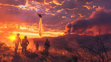 Firefighting crew and aerial support work relentlessly against a vivid sunset sky to control a raging wildfire in the hills.