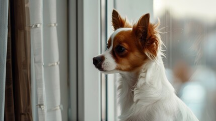 Cute small dog standing on two legs and looking away by the window searching or waiting for his owner. Pets indoors