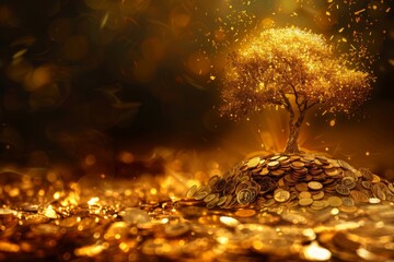 golden tree growing from a pile of coins