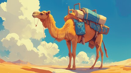 A whimsical cartoon featuring a camel