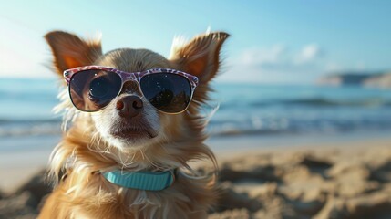 Funny chihuahua dog posing on a beach in sunglasses