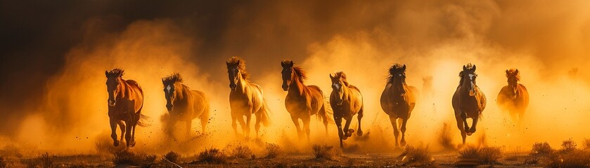 Fototapeta premium photography of a pack of wild horses galloping through a dust cloud in the desert at sunset, conveying wild beauty and untamed spirit