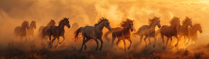 photography of a pack of wild horses galloping through a dust cloud in the desert at sunset, conveying wild beauty and untamed spirit