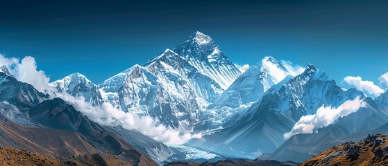 The majestic Mount Everest peering through the clouds, with a clear blue sky and rugged terrain foreground, highlighting the allure of the Himalayas