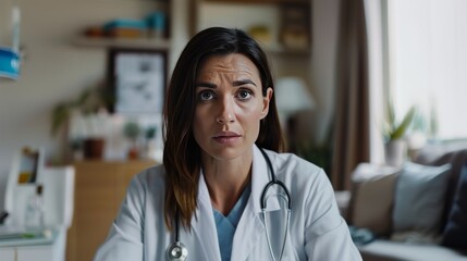 Head shot of woman wearing white coat stethoscope on shoulders looking at camera, doctor make video call interact through internet talk with patient provide help online counseling and therapy concept