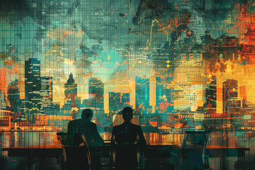 Silhouettes of business professionals are superimposed on a complex canvas of financial charts and urban imagery, symbolizing market dynamics and corporate life. - obrazy, fototapety, plakaty