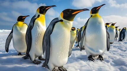 A group of penguins on a snowy Antarctic shore, with a crisp, clear sky in the background, capturing the essence of arctic wildlife