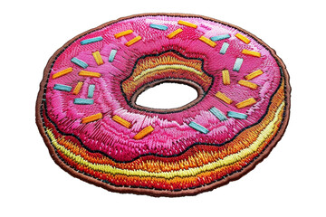 Pink glazed donut with multicolor sprinkles embroidery. Embroidered patch badge of a classic ring doughnut with sugar icing and decorative sprinkles isolated on transparent background. Sweet treat and