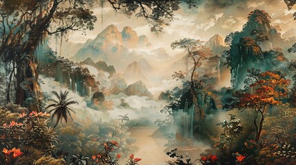 mural wallpaper background, flowers, leafes, trees, 16:9