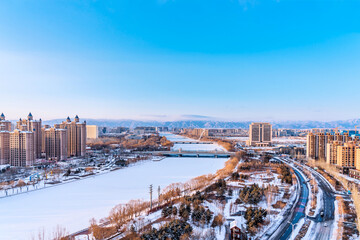 Winter Skyline of Matouqin Bridge City in Hohhot, Inner Mongolia, China