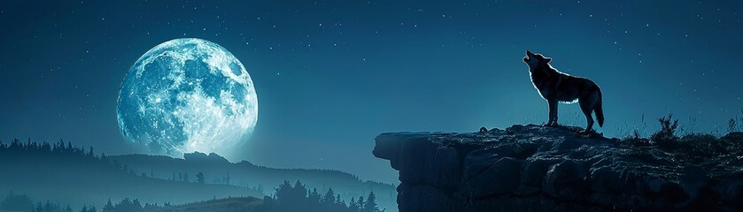 A lone wolf howling on a rocky cliff under the full moon, night sky backdrop, highlighting the wild spirit of the forest - obrazy, fototapety, plakaty