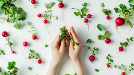 fresh healthy vegetarian red and white radish varieties, white background