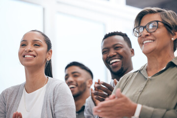 Obraz premium Applause, support and business people in meeting for congratulations, celebration or success in boardroom. Professional, diversity and employees clapping for conference, presentation or workshop