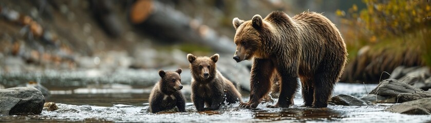 A mother bear teaching her cubs to fish in a mountain stream, capturing a moment of learning and survival, documentary photo - obrazy, fototapety, plakaty