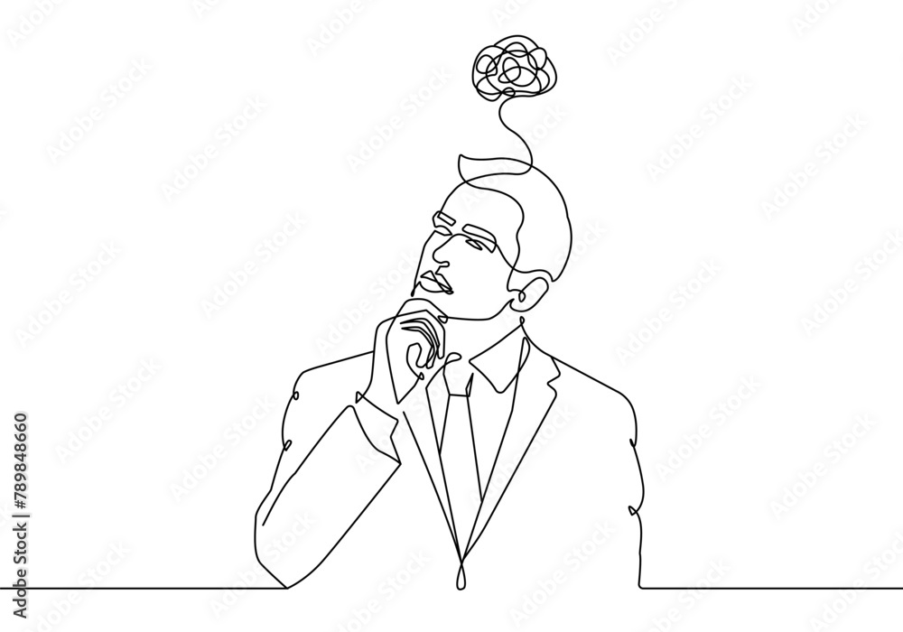 Poster man thinks trendy line art drawing. reflections concept minimalist black sketch isolated on white ba